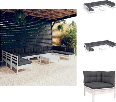 Produktbild von vidaXL 11-tlg. Garten-Lounge-Set mit Kissen Weiß Kiefer Massivholz -  Gartenmöbel-Sets