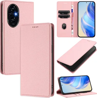 Produktbild von Litchi Leder Handyhülle für Honor 200 Wallet Kartenfächer Standfunktion Hülle Pink