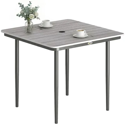 Produktbild von Gartentisch quadratisch 4 Personen mit Schirmloch, 85x85x72,5 cm, Grau, wetterfeste WPC-Holzoptik-Platte, pulverbeschichteter Metallrahmen, einfache Montage