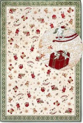 A flat lay of a Christmas-themed rug with a magnified inset showing a rocking horse and a gift box.