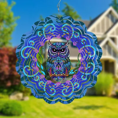 Metallene rotierende Windspiel Eule 30 cm – 3D Windspinner für Garten