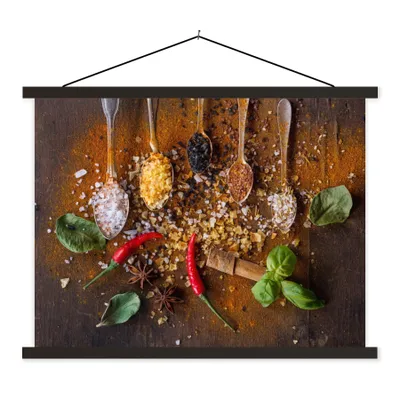 Produktbild von MuchoWow® Textilposter Löffel - Kräuter - Chili - Gewürze - Salz 150x113 cm mit holzfarbenen Rahmen - Poster
