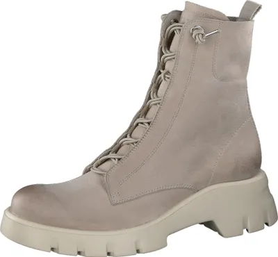 A side view of a beige lace-up boot with a thick sole.