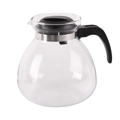 A clear glass teapot with a black lid and handle, set against a white background.