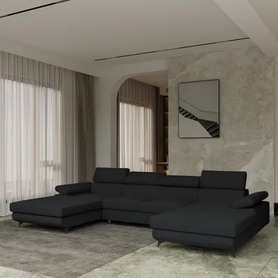 Produktbild von Masseno Ecksofa DETTI mit Schlaffunktion U-Form, Sofa mit Bettkasten, Wohnzimmersofa, Couch, Soffa, Bettsofa, Couchgarnitur- Schwarz, QUELLE 100