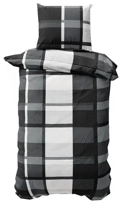 Produktbild von Winter Bettwäsche 135x200 cm Bettbezug Set Thermofleece Schwarz Grau Karo 2 teilig