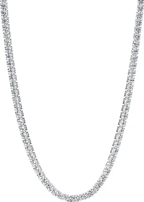 A silver necklace with clear stones against a white background.