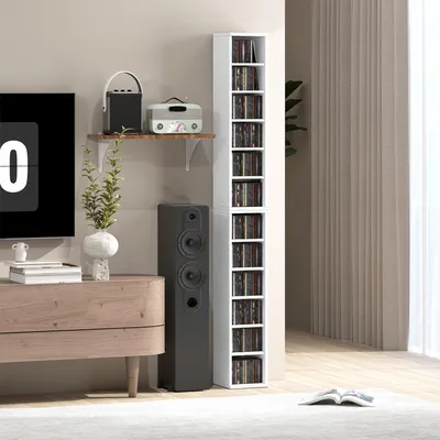 Zdjęcie produktu dla Zestaw 2 regały na płyty CD, stojak na płyty Blu-Ray z regulowanymi półkami, organizer na media, kolor biały | wymiary: 88,5 x 21 x 22,5 cm | pojemność: po 102 płyty CD każdy
