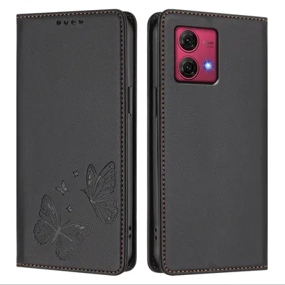 Produktbild von Lederhülle für Motorola Moto G84, Schmetterling Prägung Leder Brieftasche Schutzhülle mit Ständer Schwarz