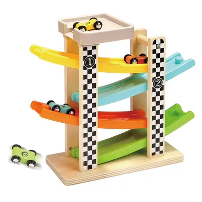 Produktbild von Holz-Rennbahn mit 4 Autos, buntes Parkhaus für Kleinkinder ab 18 Monaten – Lernspielzeug & Geburtstagsgeschenk