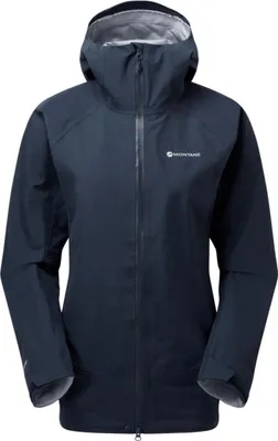 Dunkelblaue Hardshelljacke für Damen von Montane; mit Kapuze und Reißverschluss.