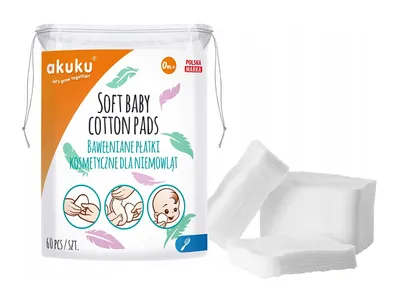 A package of Akuku soft baby cotton pads is shown next to a few loose cotton pads.