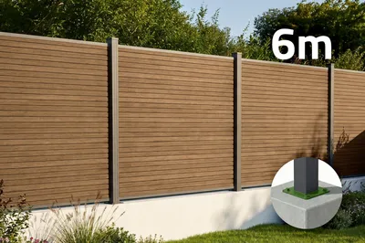 Produktbild von 6 m hoher PRIEL-Zaun aus Holzoptik-Verbundmaterial, 150 cm hoch, auf Teakholz-Fußplatten