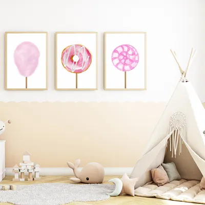 Produktbild von Süßigkeiten Zuckerwatte Donut Lollipop 3er Set Kinderzimmer Bilder DIN A4 Wandbilder Deko Babyzimmer Poster
