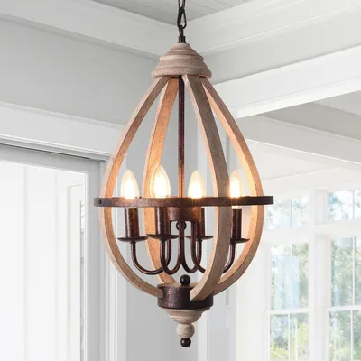 Immagine prodotto di Lampadario rustico in vimini - design a 4 luci in legno a sfera, stile cascina, metallo spazzolato color ruggine, marrone