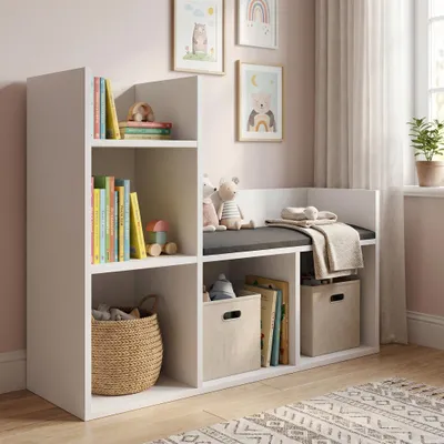 Produktbild von VCM Kinderregal mit Sitzbank und Sitzkissen, Spielzeugregal 108 x 88 x 34 cm, Bücherregal und Aufbewahrungsregal für Kinderzimmer - Lesus