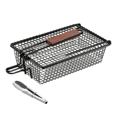 Produktbild von Navaris Grillkorb mit Haltegriff - inkl Grillpinzette - 28 x 19,5 x 9cm - Grill Zubehör Korb für Fisch Gemüse Fleisch - BBQ Gemüsekorb Fischhalter
