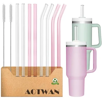 Image de Paille en verre, lot de 10, 31 cm de long, dont 4 courbées et 4 droites, avec 2 brosses de nettoyage, compatible avec les gobelets Stanley de 30/40 oz, couleur rose