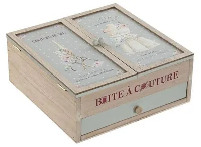 Image de Boîte à couture en bois DRW, avec différents compartiments, dimensions : 24 x 24 x 10 cm