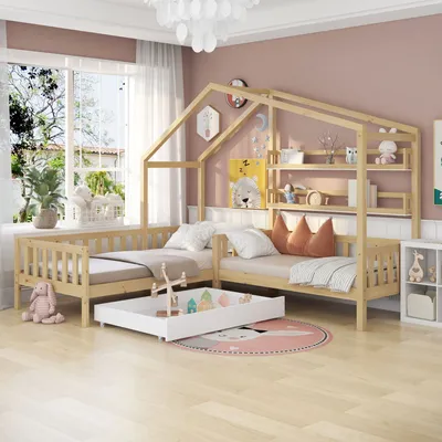 Produktbild von Merax łóżko dziecięce 90x200cm/140x70cm domek łóżko z litego drewna konstrukcja L domek dla dzieci z szufladami, półkami, ogrodzeniem i stelażem z listew, sosna łóżko do zabawy domek dla dwójki dzieci, natura