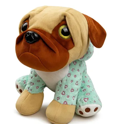 Produktbild von Kuscheltier Mops 38 cm türkis im Herz-Kostüm – Weiches Plüschtier Hund Stofftier