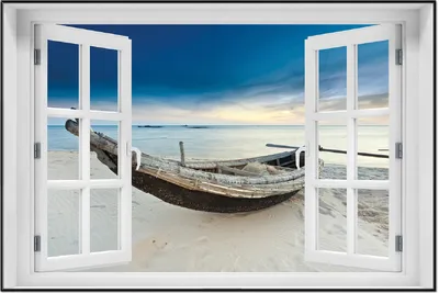 Produktbild von Wallario Wandbild mit Fenster-Illusion: Fischerboot am Strand mit Sonnenuntergang, Größe: 61 x 91,5 cm, Poster mit schwarzem Aluminiumrahmen