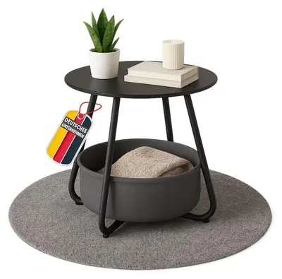 Produktbild von Couchtisch KOSI Schwarz aus Metall Ø 45 x 45 cm mit Aufbewahrungskorb Canvas, Beistelltisch rund mit Ablage - Wohnzimmertisch im Vintage Style, Sofatisch , Gartentisch mit Stoffkorb, zerlegt