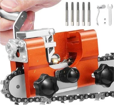 Image de Affûteuse pour tronçonneuses - Tête d'affûtage à 5 disques - Affûteuse manuelle portable - Affûteuse de dents - Pour tous types de tronçonneuses à chaîne et électriques - Jaune