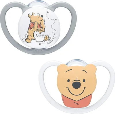 Two Winnie the Pooh themed pacifiers on a white background.