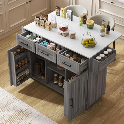 Obrázok produktu pre Servírovací vozík do kuchyne s rozšíriteľnou pracovnou plochou, zásuvkami, z dreva, sivý, 139x46(71)x91,5 cm