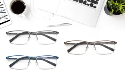 Zdjęcie produktu dla Okulary do czytania męskie, blokujące niebieskie światło, 3 sztuki, metalowa oprawka, prostokątne, półokularowe
