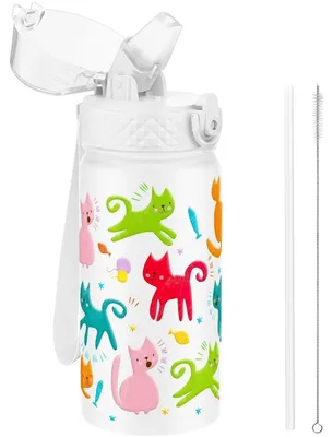 Produktbild von Trinkflasche Kinder 420ml Edelstahl mit Strohhalm auslaufsicher BPA-frei Weiße Katze