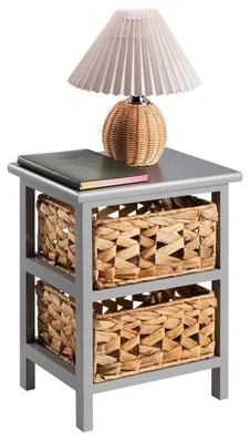 Produktbild von Nachttisch ARBO mit Körben aus Wasserhyazinthe - grau, aus Paulownia Holz, grau lackiert, mit 2 Körben, Nachtkommode, Nachttisch klein