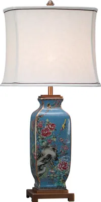 Produktbild von Fine Asianliving Chinesische Tischlampe Porzellan mit Lampenschirm E27 Orientalische Tischleuchte Keramik Nachttischlampen Schlafzimmer Wohnzimmer