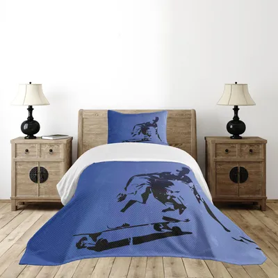 Produktbild von ABAKUHAUS Teenager Tagesdecke Set, Abstrakte Vektor-Illustration einer jungen Skaterboy-Illustrations-Grafik, 170 x 220 cm, Violett Blau Schwarz