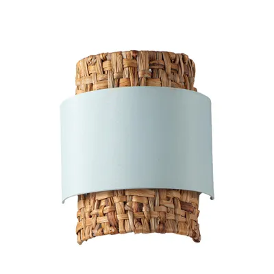 Produktbild von Wandlampe mit Rattan- und helltürkisem Textilstirnwand – Natürlicher Boho-Stil, E27-Fassung „VÉLA“