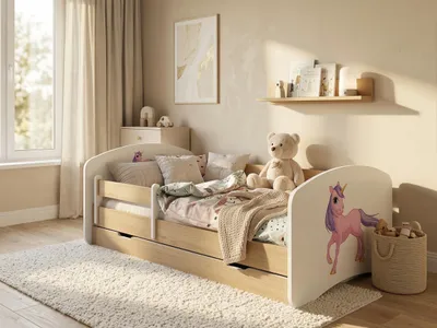 Image de Lit pour tout-petits 140 x 70 cm avec espace de rangement | Lit d'enfant « Happy »Reproduction poire | Avec barrière de sécurité amovible