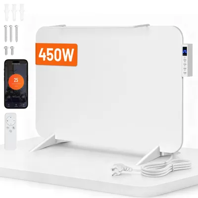 Image de Panneau de chauffage infrarouge Vigevee de 450W, avec contrôle via application, écran tactile, minuterie et porte-serviettes, de couleur blanche