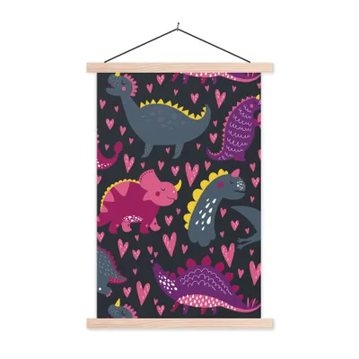 Produktbild von MuchoWow® Textilposter Dinosaurier - Kind - Muster - Rosa - Mädchen 40x60 cm mit holzfarbenen Rahmen - Poster