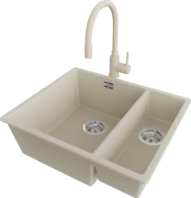Produktbild von PRIMAGRAN Granitspüle Beige 56x47cm, Spülbecken 1,5 Becken + Küchenarmatur 38x14cm + Ablauf-Set, Küchenspüle ab 60er Unterschrank - London Slim Duo