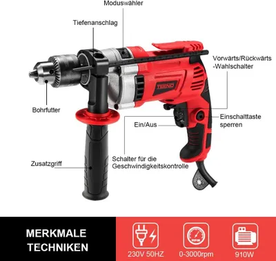 Produktbild von teeno Schlagbohrmaschine, mit Kabel, variable Geschwindigkeit, Motor aus Siliziumstahl und Kupfer, für Holz, Stahl, Mauerwerk, Stein, mit Verriegelung und Vor-/Rückwärtsfunktion, inkl. Transportkoffer