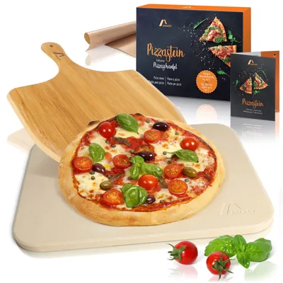 Zdjęcie produktu dla Kamień do pizzy, w zestawie: łopatka do pizzy z bambusa, folia do pieczenia wielokrotnego użytku oraz dodatkowe akcesoria. Kolor: beżowy. Materiał: kamień ceramiczny
