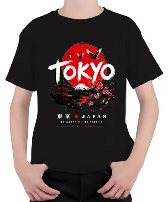 Productafbeelding van Tokyo, Japan, Pagode, Mount Fuji, Sakura, Kersenbloesem, Retro, Y2K, Nippon, Kinder T-shirt, Zwart, Maat 116