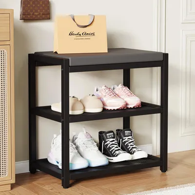 Sitzbank mit Schuhregal, 2 Gitterböden, 47x30x43 cm, Schwarz