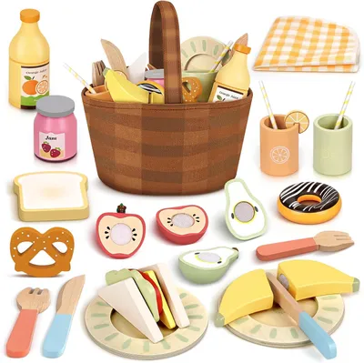 Productafbeelding van Kinderkeuken accessoires picknickmand, houten snijfruit, voor kinderen vanaf 3 jaar
