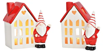 Productafbeelding van Theelichthuis met keramische kabouter, rood/wit (B/H/D) 18x18x12cm