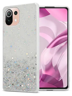 A smartphone case with glitter is shown next to a smartphone.