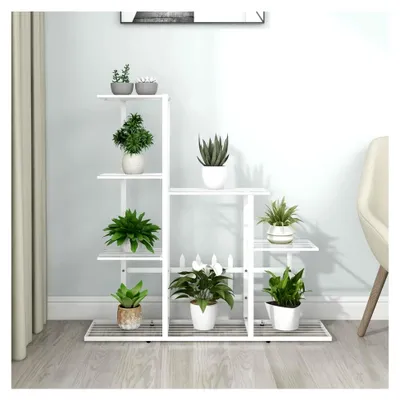 Produktbild von Blumenständer, Pflanzenständer, Pflanzenregal, Blumenregal, Blumentreppe, Pflanzentreppe, Blumenleiter, Kräuterleiter, Pflanzenleiter, 94,5 x 25 x 88 cm, Weiß, Metall