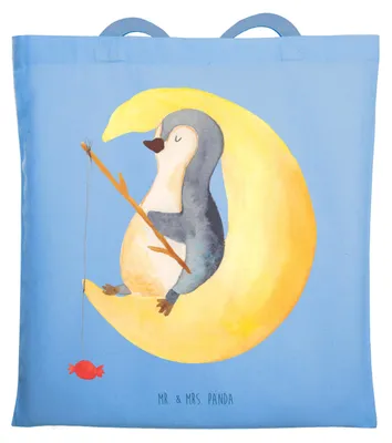 Produktbild von Mr. & Mrs. Panda Tote Bag Pinguin Mond - Sky Blue - Geschenk, Einkaufstasche, Angel, Spruch, Uni Tasche, Schlafzimmer, Baumwolltasche, Erschöpft, Jutebeutel, Süßigkeiten