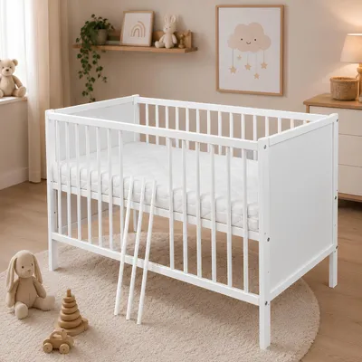 Produktbild von Baby-Delux Babybett Kinderbett 60x120 Lina weiß Kiefernholz Schutzgitter umbaubar Matratze
